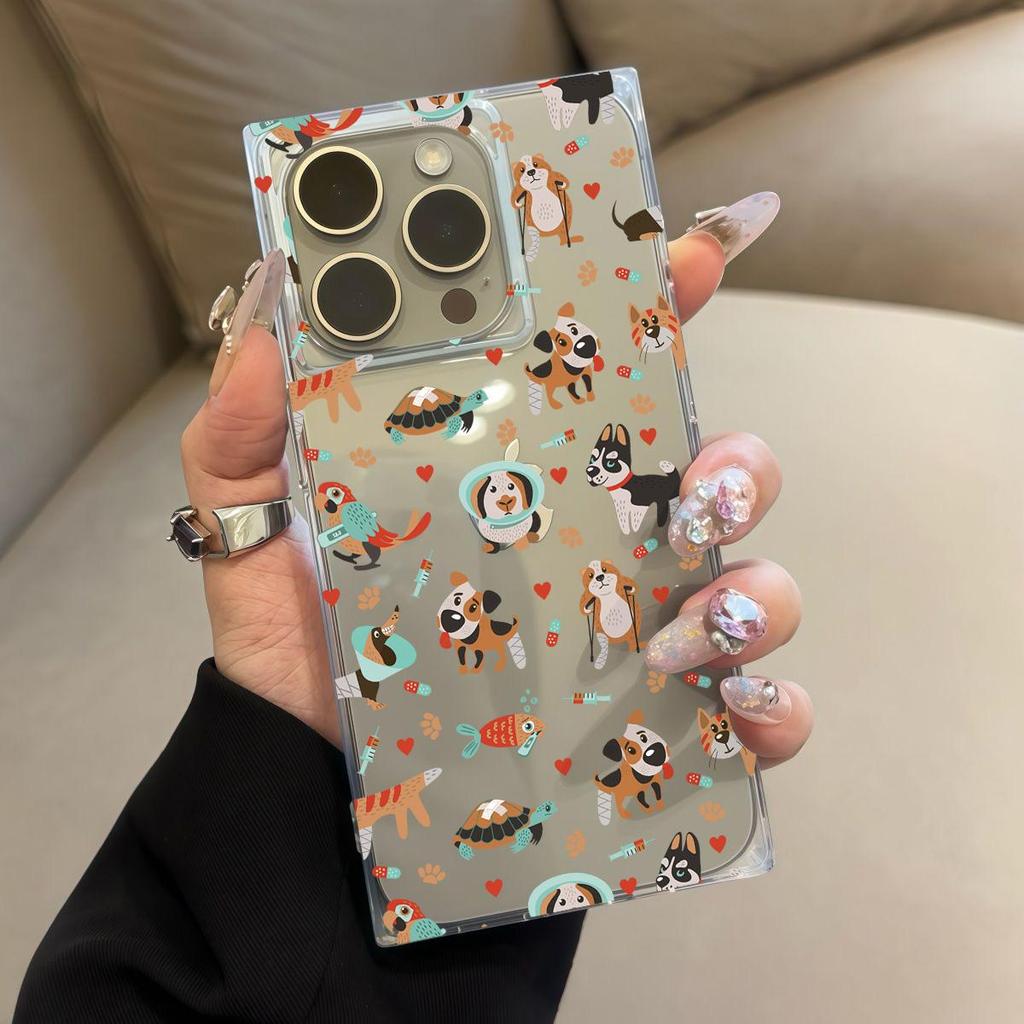 Clear Square Back Tube Case Protection For iPhone 11 16 ProMax 13 12 15 Plus 14 Pro Max Anti-Oxygen,Full of Doggy Pattern Casing
