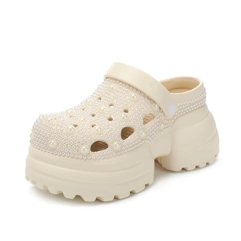 Fashion New Handmade Inlaid Pearl Thick Sole Middle Heel EVA Sandals  White Black Fashionable Women's Pearl Hollowed Out Beach Slippers