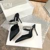 Pointy Pinheel Rhine-Diamond Chain Satin Top High Heels Mullers Pinheel Green Wedding Shoes Flat Bridesmaid Shoes