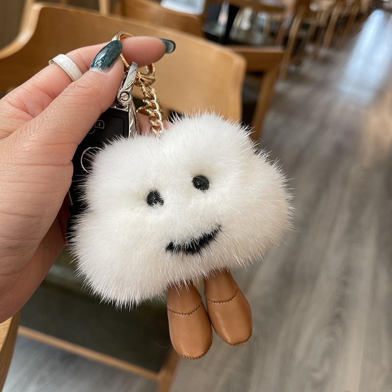 Luxury Fluffy White Clouds Pendant Keychain Real Mink Fur Cute Keyring Women Car Key Bag Ornament Plush Doll Toy