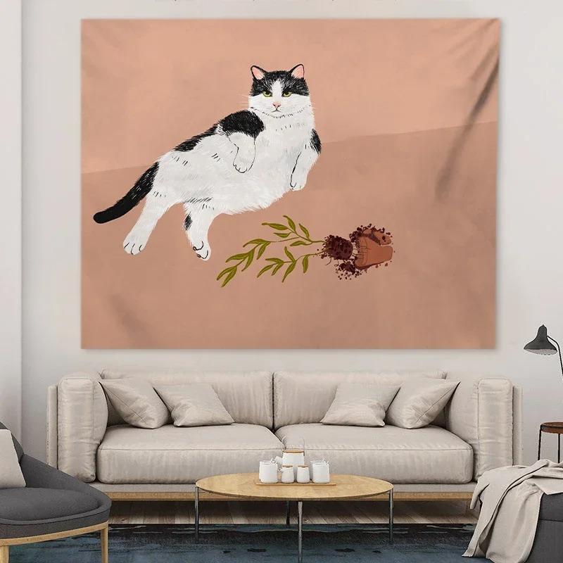 Çizgi Film Kedi Desenli Dekoratif Goblen Ev Duvarı Oturma Odası Ofis Dekoratif Goblen