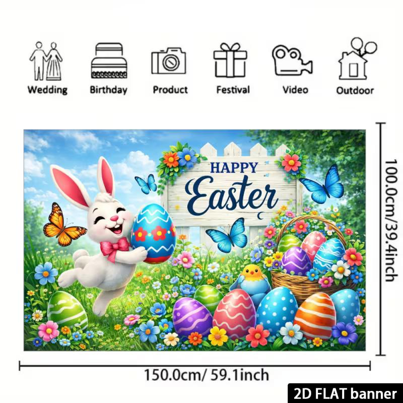 2D Spring Floral Easter Background, Happy Easter Bunny & Eggs Backdrop for Party Events