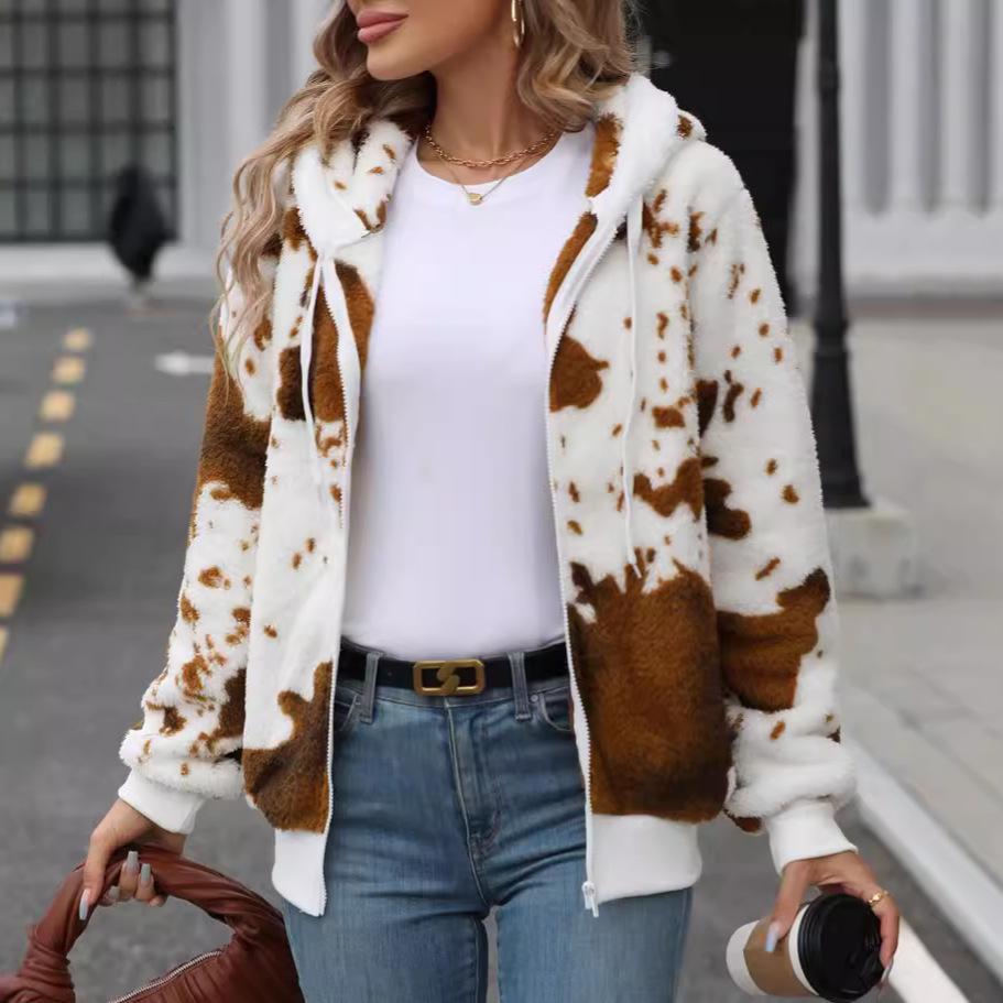 2025 Autumn/winter New Style, Hooded Jacket, Zipper Plush Jacket, Printed Cardigan Jacket, Winter Warm Jacket
