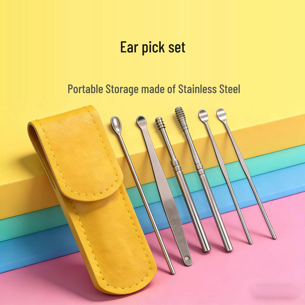 Stainless Steel Ear Pick Set - Universal 6-Piece Ear Cleaning Tools for Adults & Children with Portable Storage.