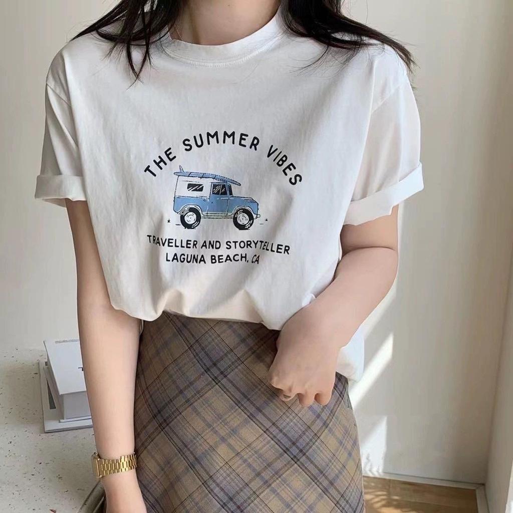 Women's Korean Style Heavyweight Cotton Short-Sleeve T-Shirt – White, Straight-Shoulder Design