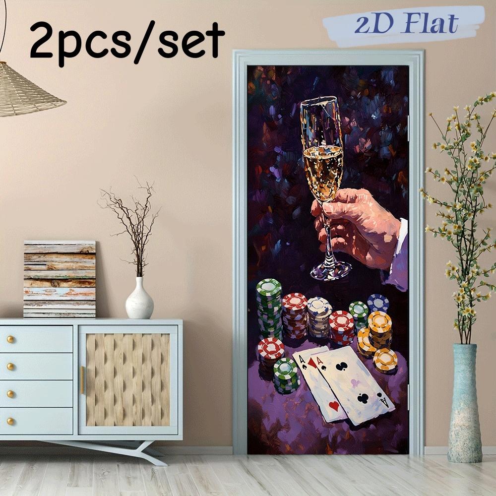 

2pcs luxury casino themed wall stickers, creative playing cards, champagne glasses, chip patterns, living room, bedroom, bar dec (as the picture,38.5x200cmx2)