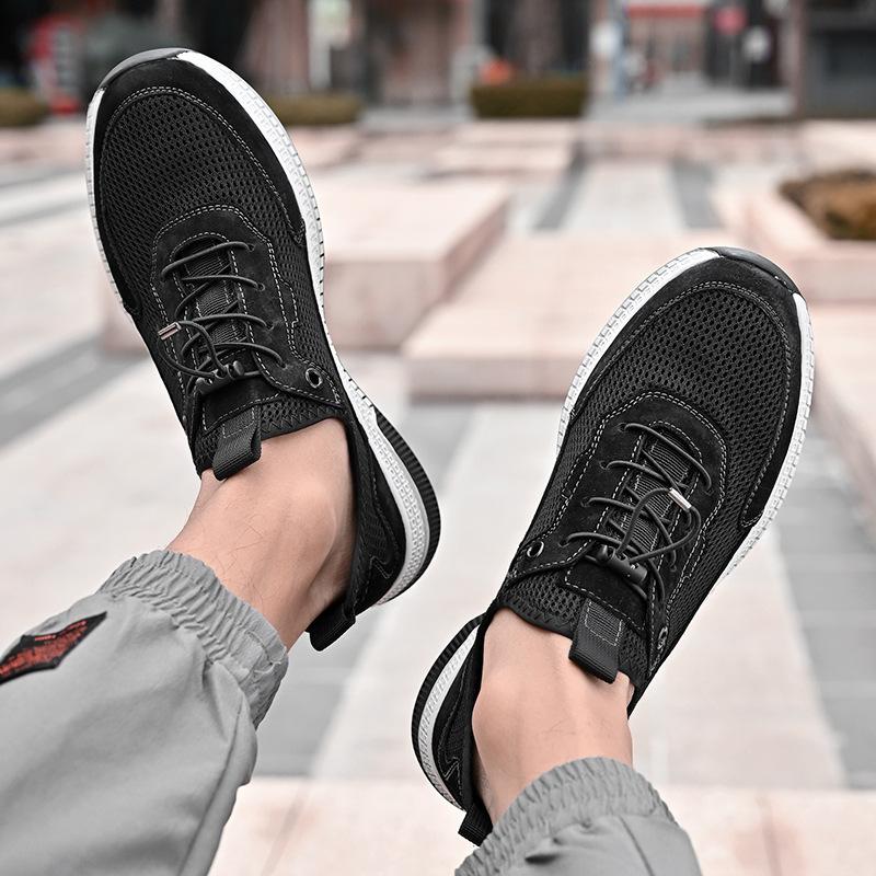 Men's Shoes Summer New Mesh Shoes Hollow Mesh Surface Casual Shoes Men's Leather Soft Bottom Breathable Tennis Shoes
