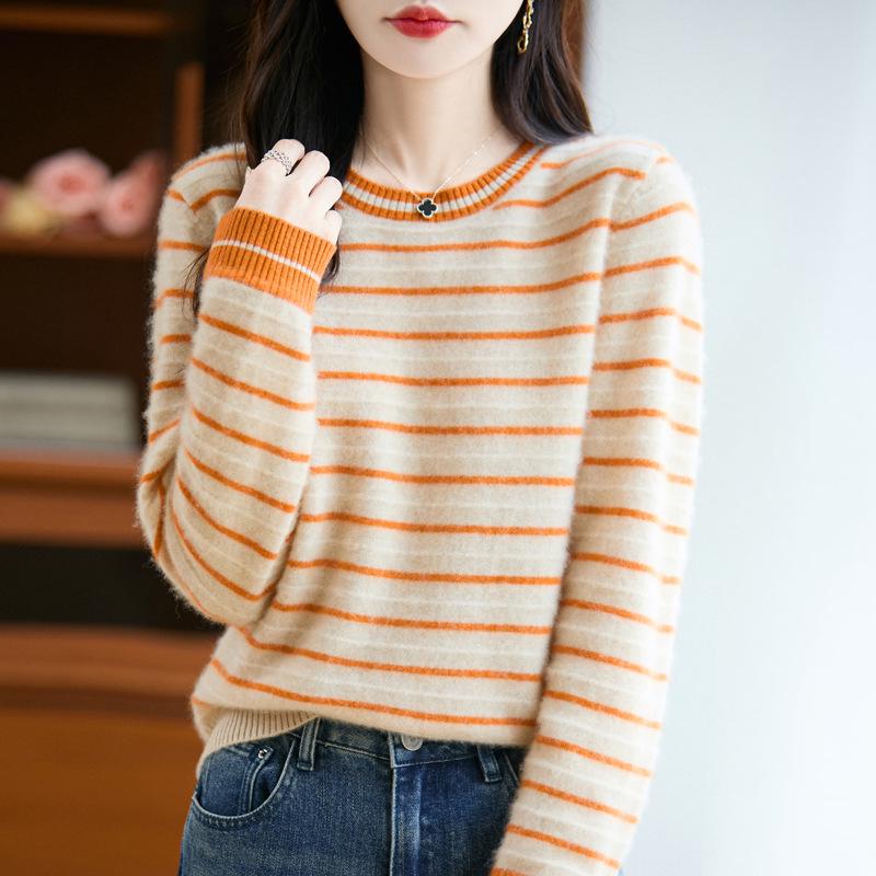 Women's Autumn/Winter Loose-Fit Round Neck Striped Pure Wool Sweater - Knitted, Warm Top Layers