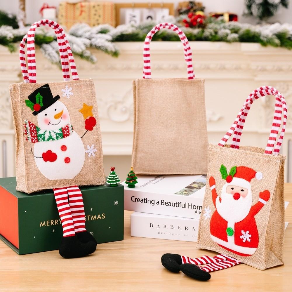 Cartoon Christmas Gift Bag Linen Reusable Xmas Gift Wrapper Santa Claus Snowman Christmas Decoration Long-legged Handbag