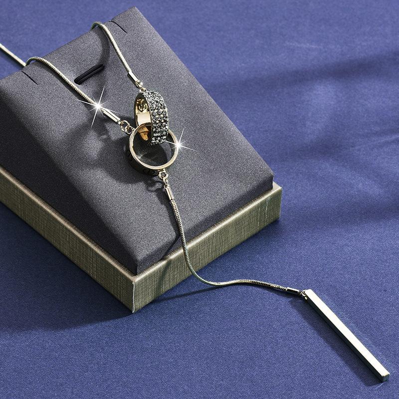 Full Diamond Double Ring Tassel Long Necklace Temperament Versatile Double Ring Sweater Chain Clothes Accessories Pendant Tide