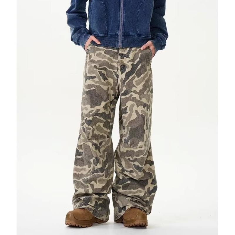 Unisex American Retro Camouflage Wide-Leg Jeans: Trendy, Plus Size, Casual Long Pants XXXL