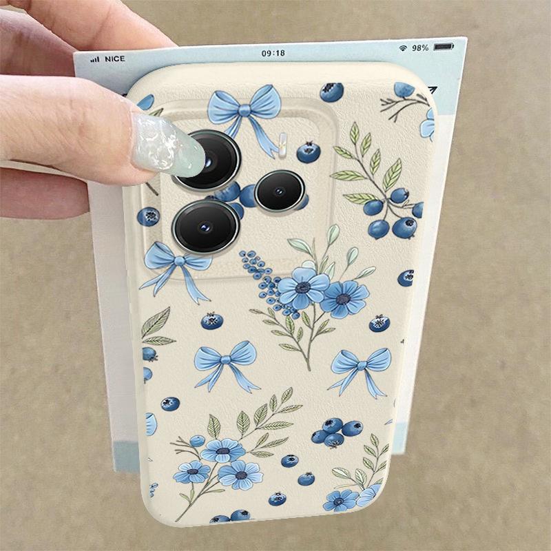Blaubeere Schleifen Blumenmuster Hülle Für Xiaomi 14T 13T 11T Pro Funda Redmi Note 14 13 12 11 Pro 5G 4G Lederstruktur Silikonhülle
