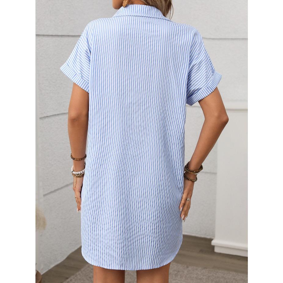 Summer Women's Short Sleeved Striped Cotton Linen Mid Length Shirt for Women Long Shirts