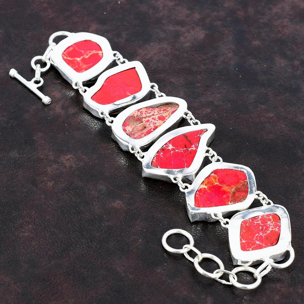 Red Sea Sediment Jasper Bracelet Handmade Gemstone Bracelet 925 Sterling Silver Bracelet Adjustable Chain Bracelet Boho Jewelry Gift For Him