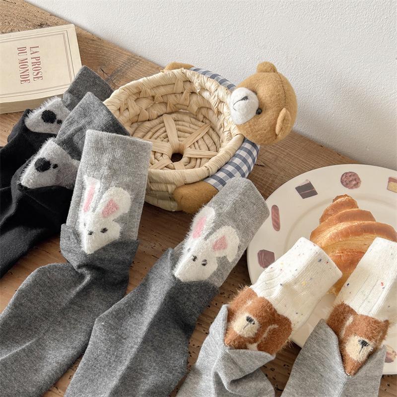 Flocked Cartoon Animal Socks Autumn Mid-Leg Socks Splicing Fake Two-Piece Stacked Socks Gray Socks