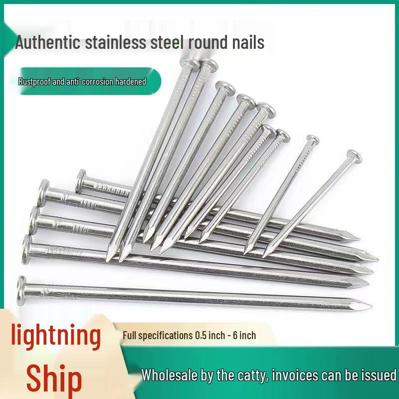 304 Stainless Steel Round Head Carpenter Nails - Available in 5/8, 1, 2, 3, 4, 5, and 6 inch sizes.