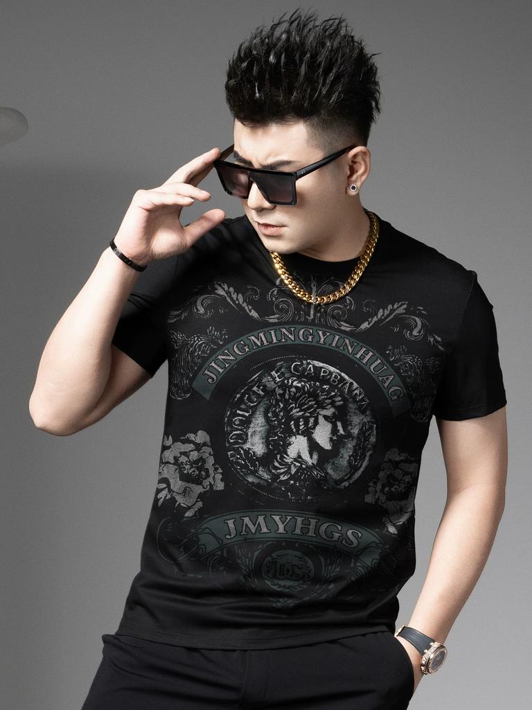 European Style Heavy-Duty Printed Rhinestone Short-Sleeve T-Shirt for Men 2025 New Summer Trendy Half-Sleeve Men's Top