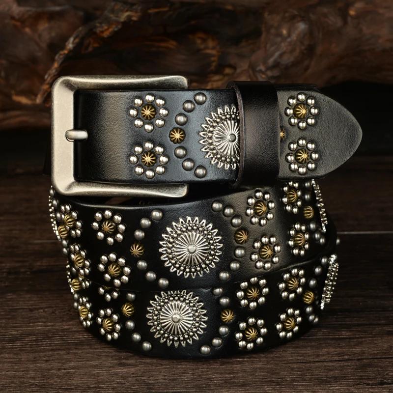 3,8 см Мужской 100% Натуральная Кожа Ремень с Пряжкой Мужской Черный Рок Натуральная Кожа Коровья Кожа Роскошный Панк Ремень с Заклепками Джинсы Высокое Качество 110cm чёрный
