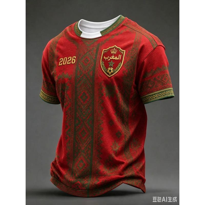 NOVÝ fotbalový dres Marockého týmu Červený Zelený Raglánový Rukáv 3D TISK Krátký Rukáv Fotbalové Tričko Unisex Fanouškovské Tréninkové Sportovní Tričko Top