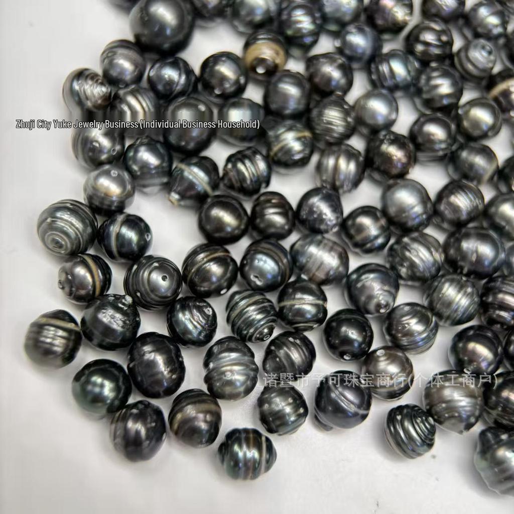 Tahitian Ribbed 8-9mm Full-Drilled Black Saltwater Pearl Beads for DIY Jewelry