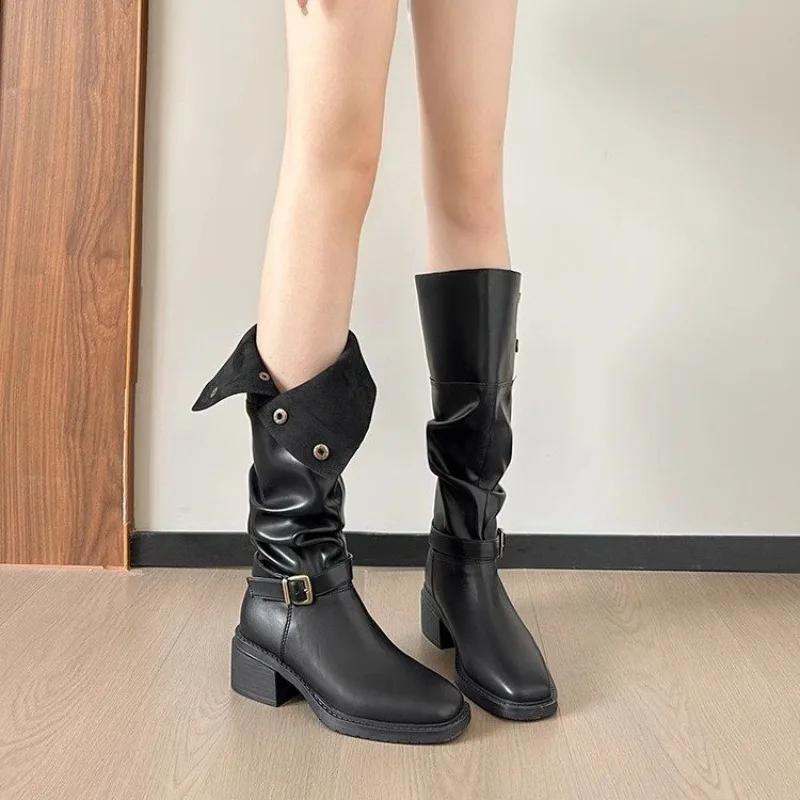 New Style Pleated Buckle Knight Boots For Women Autumn Brown Leather Mid Calf Boots Woman Slip-On Thick Heels Fashionable Boots
