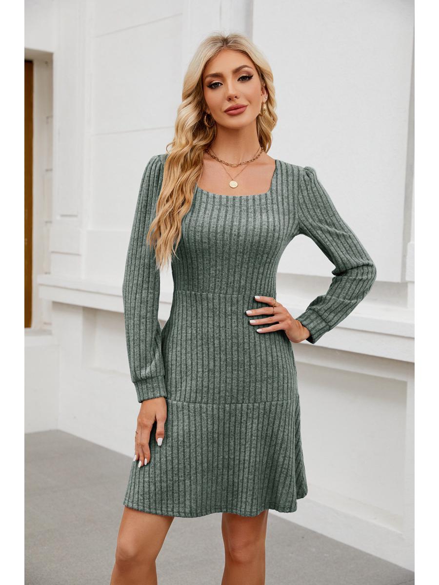 

Трендове жіноче плаття бебідол з квадратним вирізом та рукавами-ліхтариками, з кишенями, 2025 L зелений