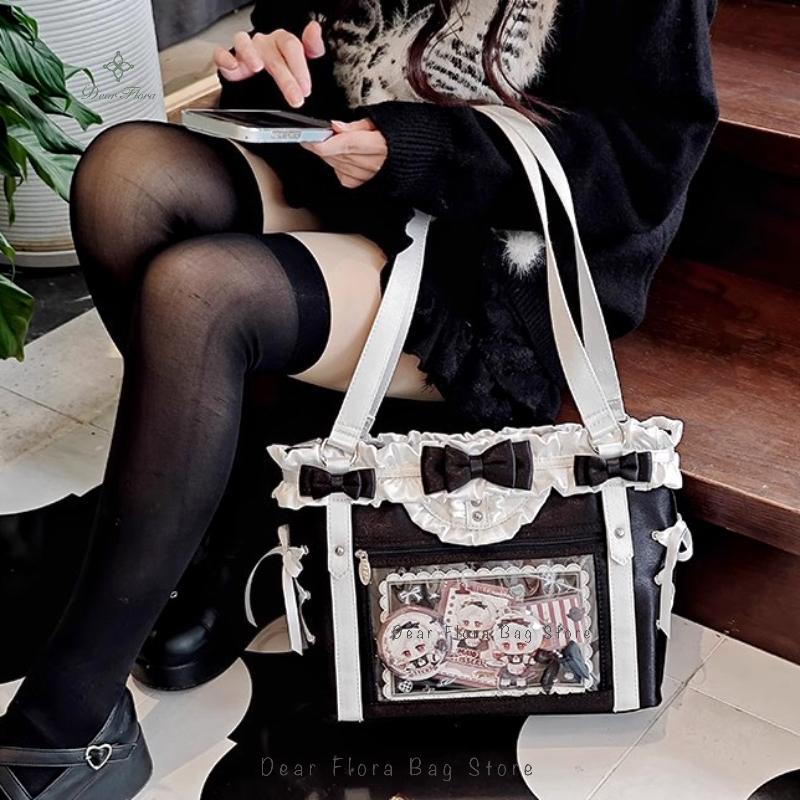 New Fashion Sweet Ita Bag Lolita Girl Transparent Tote Bag Women Large Capacity Ribbon Bow Shoulder Bag Cute DIY Display Handbag