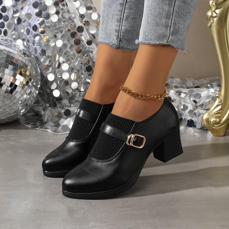 Tiefe Einzelschuhe Spitzschuhe Temperament High Heels Damen Herbst und Winter Dicke Absätze Weiche Sohlen Keine müden Füße Mutterschuhe Damen