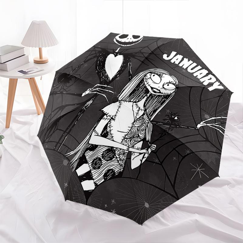 Jack Skellington,Sally Themed Automatic Opening and Closing Folding Umbrella, Reinforced 8 Ribs, Compact Travel Design, Fashionable Folding