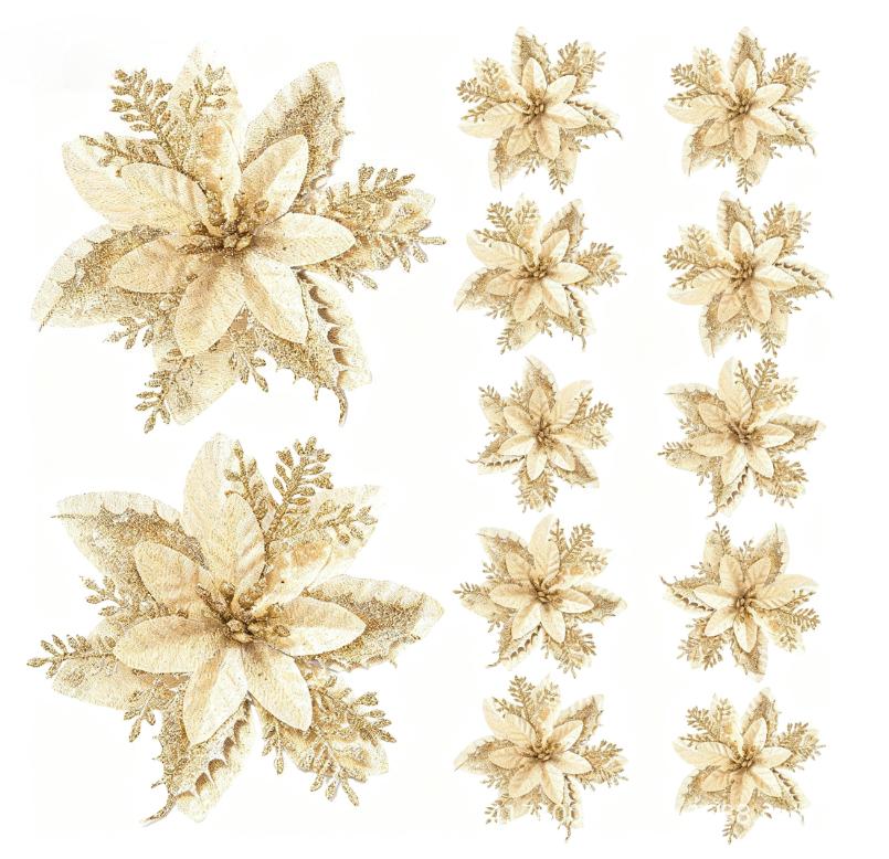 12pcs Glitter Pink Artificial Poinsettia Flowers, Plastic Vine Christmas Tree Decorations - Holiday Party Supplies & Seasonal