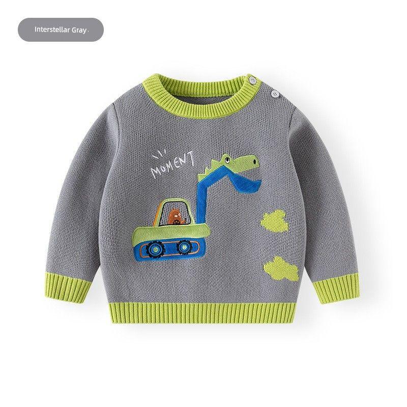 Baby Boy Dinosaur Excavator Sweater Thickened Boy s Knitted Sweater Autumn and Winter Clothing Pure Cotton Cotton Knitwear Children s Pullover Interstellar Gray 100 cm