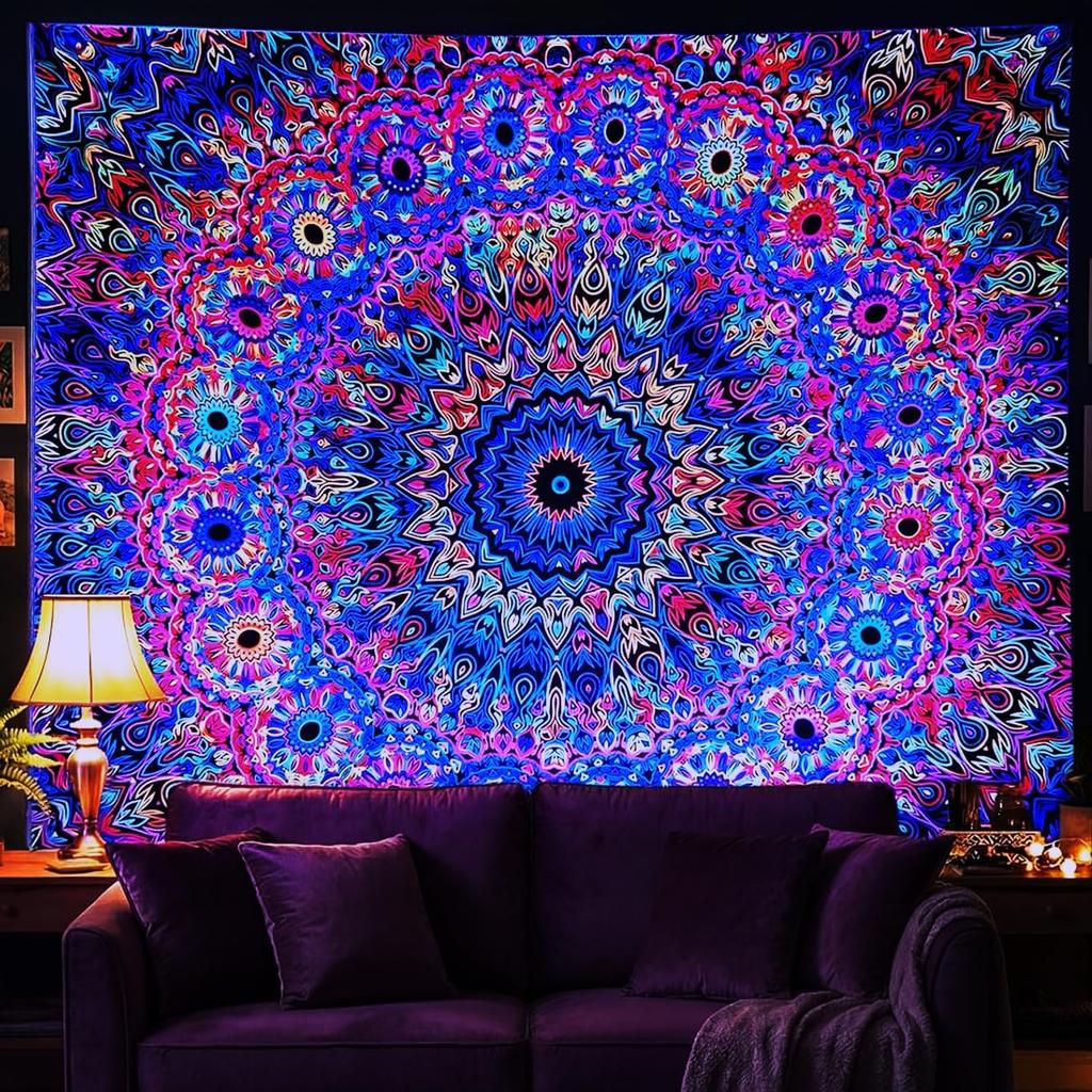 PRRPRR Blacklight Mandala Tapestry for Bedroom, UV Reactive Trippy Wall Tapestry, Bohemian Aesthetic Wall Art Decor for Adults Teens and
