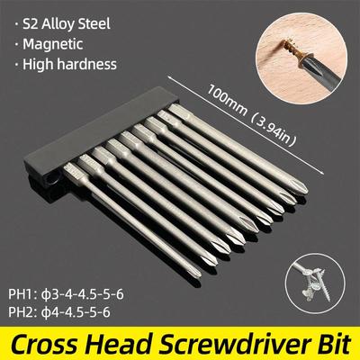 100mm Cross Head Screwdriver Bit Magnetic PH1 PH2 Phillips Screw Driver Bits 1/4” Hex Shank S2 Alloy Steel Electric Hand Tools
