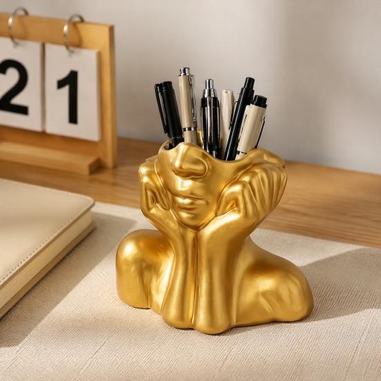 Artistic Desktop Storage Abstract Face Vase, Female Pen Holder, Makeup Brush Modern Vinyl Cup Decorative Vase Centerpiece for Living Room Table Shelf