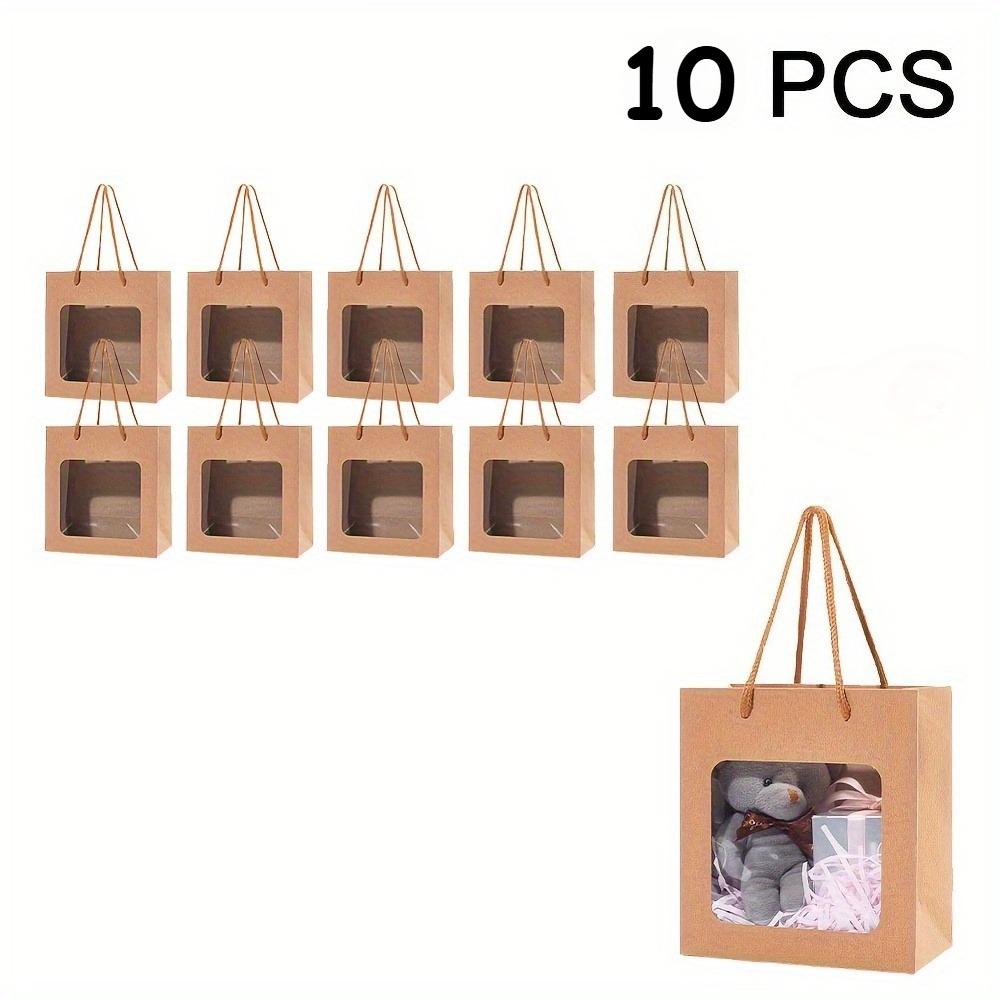 10pcs  Kraft Paper Gift Bags with Clear Window, Transparent View Rectangular Handheld Party Favor Bags for Birthday Gifts