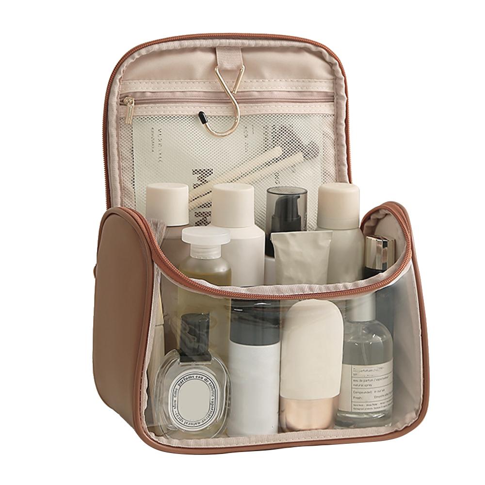 HK8297 Waterproof Clear Design Makeup Bag Large Capacity Cosmetic Bag PU Leather+PVC Travel Toiletry Organizer with Portable Handle Strap