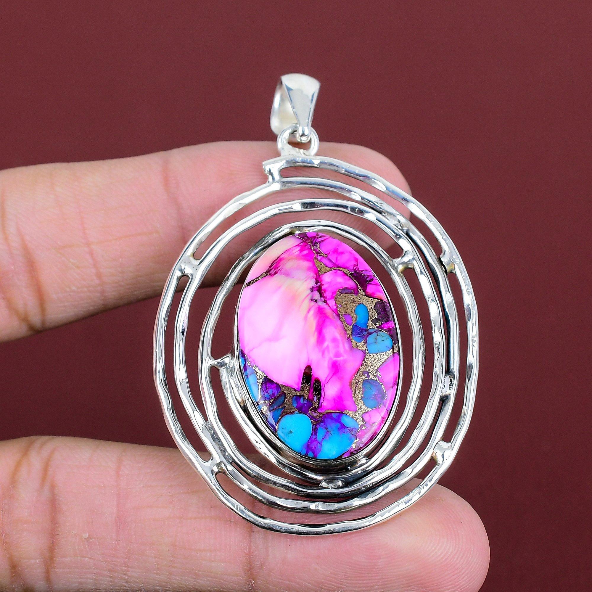 Natural Kingman Pink Dahlia Turquoise Pendant 925 Sterling Silver Pendant Handmade Gemstone Pendant Latest Design Jewelry Anniversary Gifts