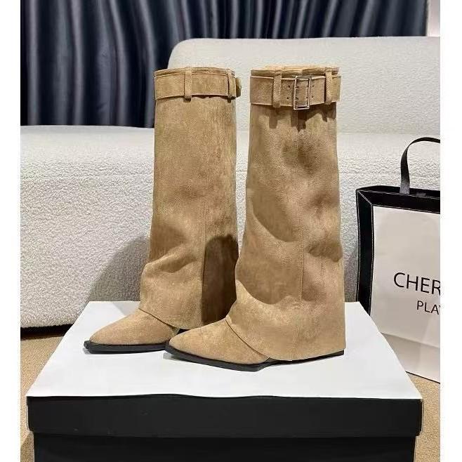 Sheepskin version~ Pointed Spice Girls Style White Boots Women's Belt Buckle Slope Heel Skinny Pants Boots Knight Boots