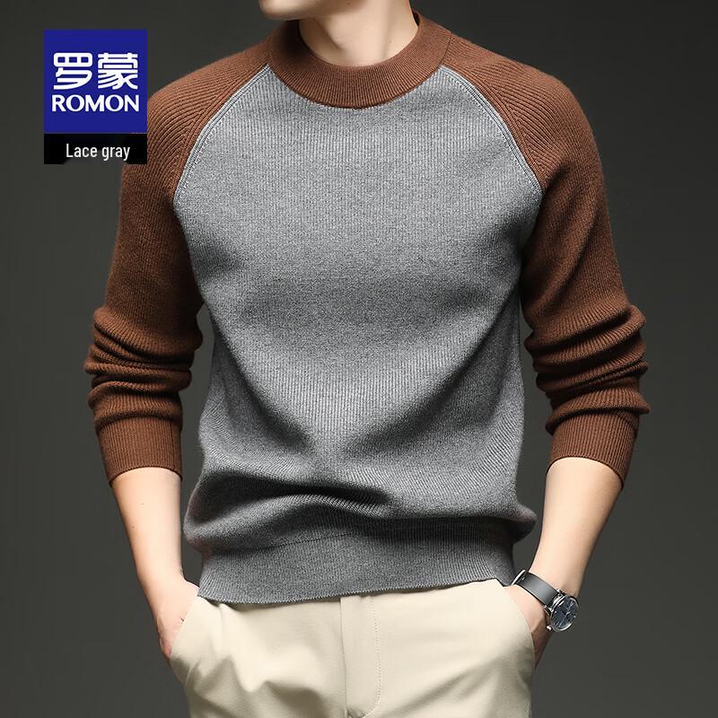 Romon Men's Wool Blend Color Block Round Neck Sweater