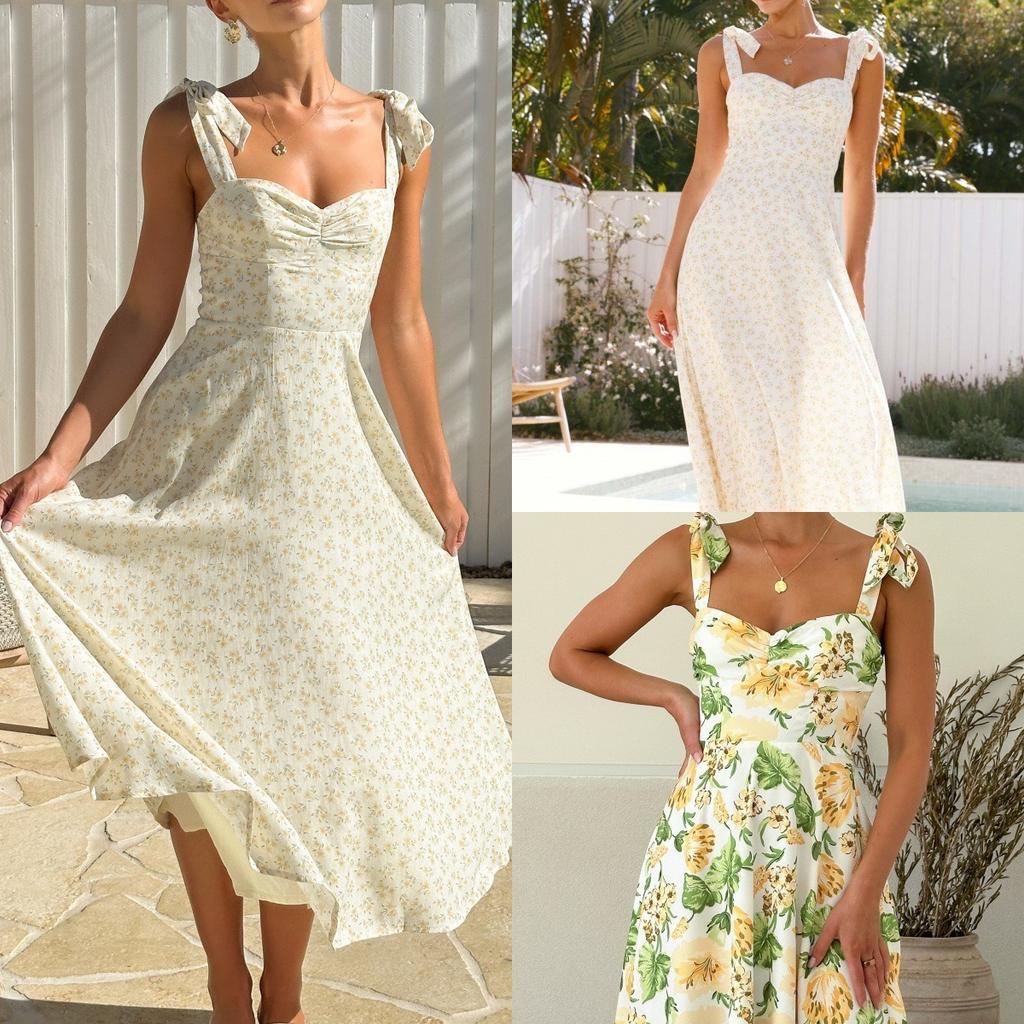 Women's Sweetheart Neck Sleeveless Midi Dress Slim Fit Mid Waist Casual Ditsy Floral Tie Strap Sundress