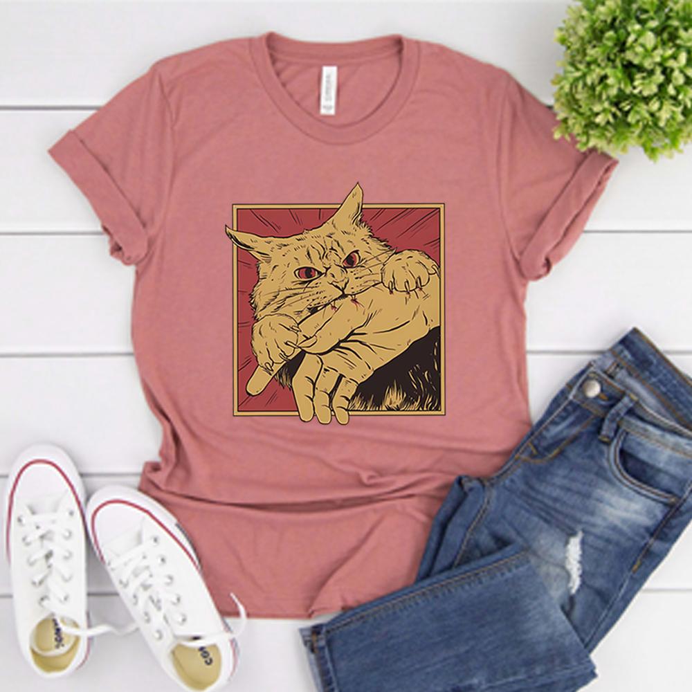 Vintage Cat Bite T Shirt Japanese Horror Anime Tshirt Horror Cat Tshirt Cats Crazy Shirts Unisex Retro Short Sleeve Tops