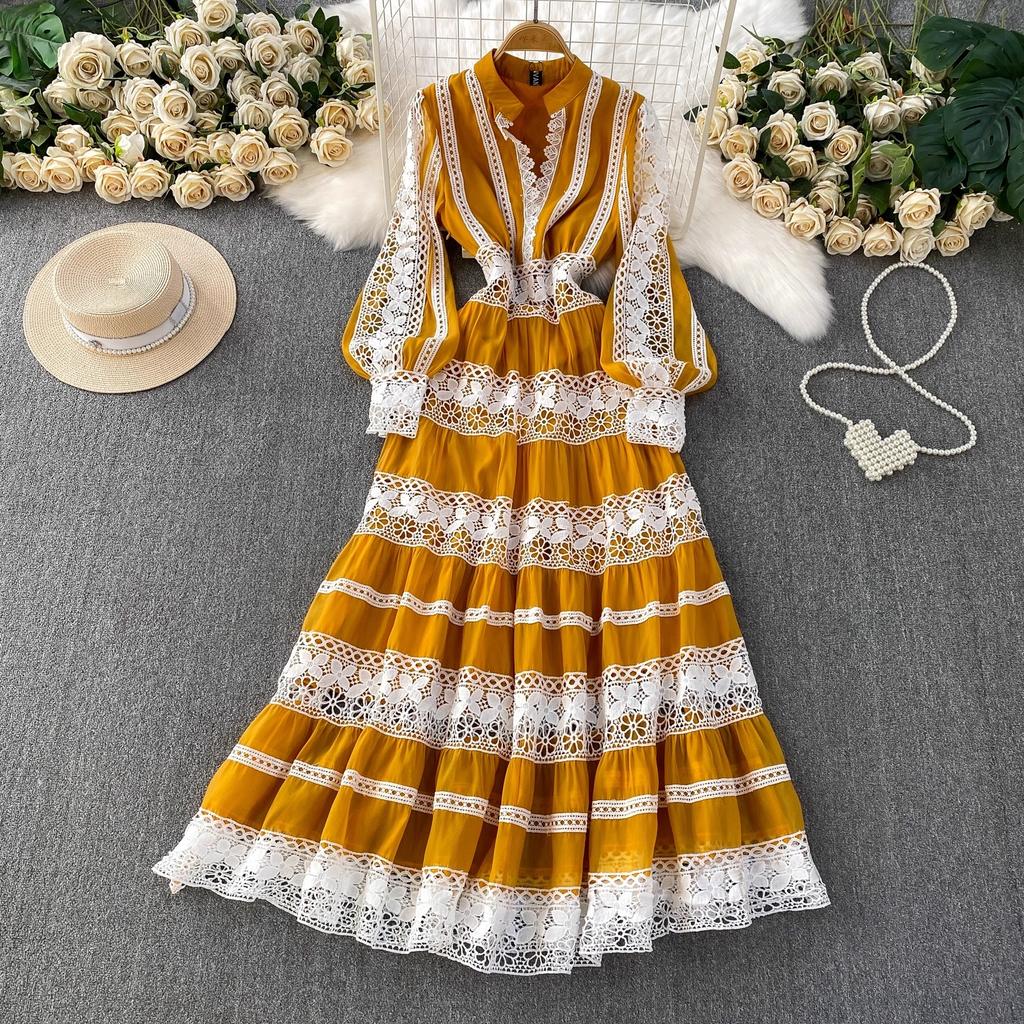 Vestidos de Noite de Baile de Outono de Designer de Luxo Vazados Bordados Para Mulheres Renda Patchwork Decote em V Manga Longa Lanterna Maxi Robe