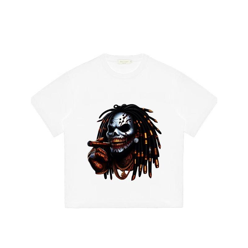 Black T Shirt with Skull and Dreadlocks Print for Casual Wear