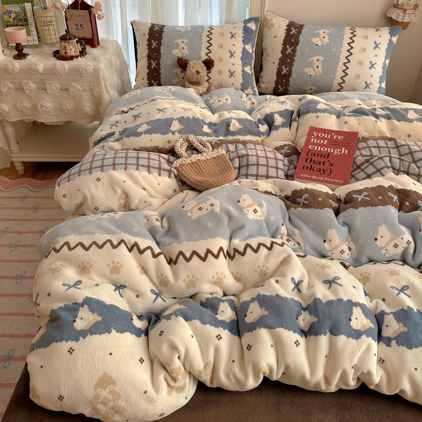 

Утолщенный четырехпредметный комплект из молочного флиса, Теплое коралловое фланелевое постельное белье, Флисовый трехпредметный комплект для общежития 1.2M sheet type 3pc/quilt cover 150 * 200