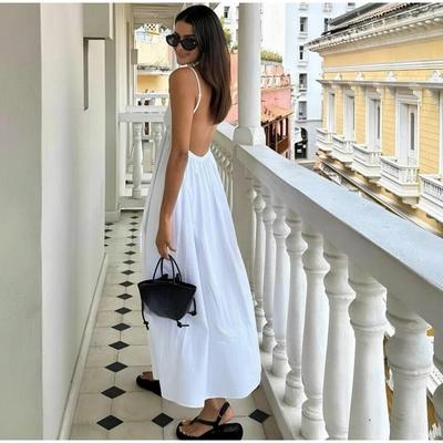 Sexy weißes rückenfreies Sling-Kleid Frauen V-Ausschnitt hohe Taille lose lange feste Partykleider Sommer Lady Club Urlaub Robe
