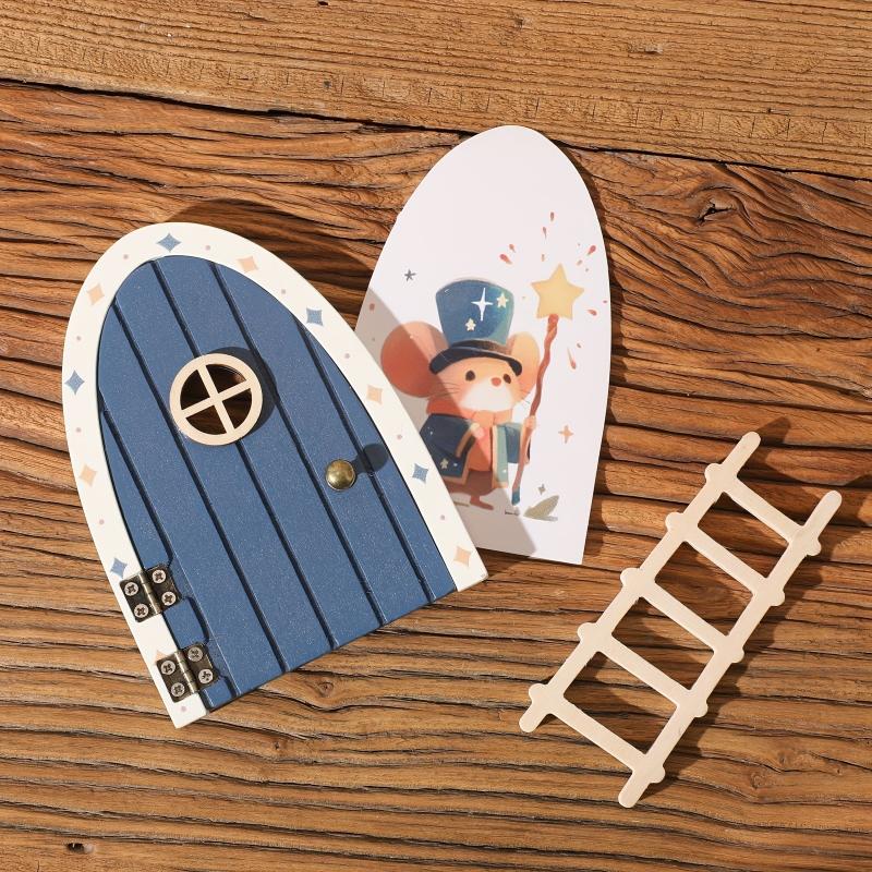 Mini Creative Fairy Elf Door Wooden With Mini Ladders Funny Mouse Hole Nursery Decor Dollhouse Home Decorations