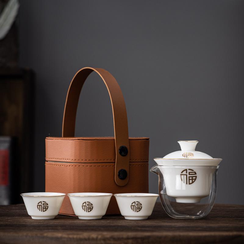 Ceramic Suet Jade Porcelain Portable Travel Tea Set White Souvenir Business Gift