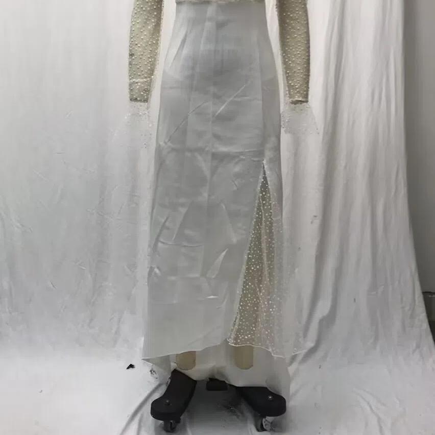 2025 Summer Autumn Women's Sheer Mesh Wedding Dress, Sexy V-Neck Long Sleeve Gown With High Slit, White See-Through Bridal Dress For Formal Events