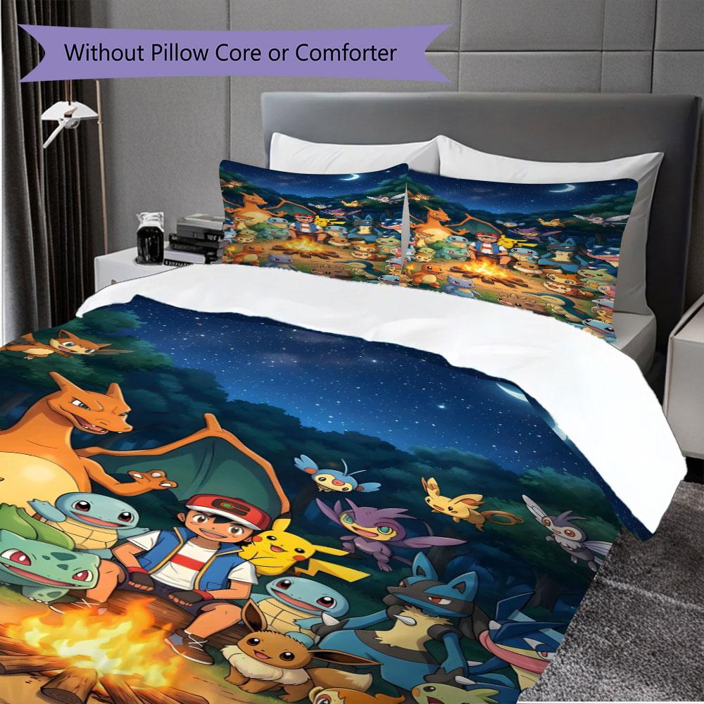 Set di biancheria da letto con stampa Pokémon da 3 pezzi include una copripiumino e una coppia di federe (riempimento non incluso), perfetto per l'uso in camera da letto.