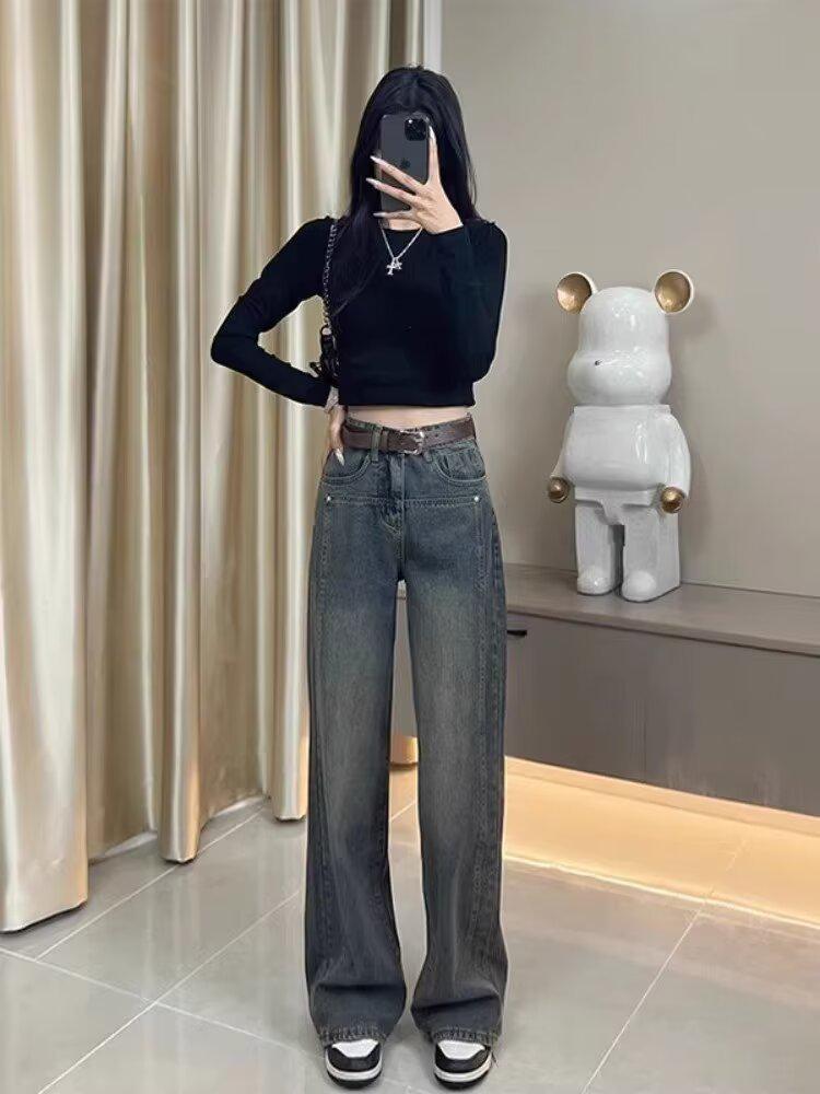 

Women s High-Waist Black Wide-Leg Jeans - Slimming, Loose, Floor-Length Summer Trousers, Plus Size, Trendy Design XL